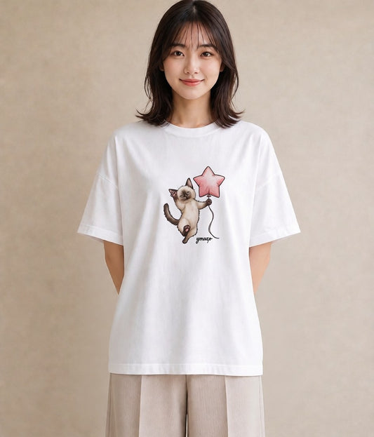 Tシャツ レディース シャム柄 猫 ねこ イラスト ナチュラル 母の日 ビーチ 白T