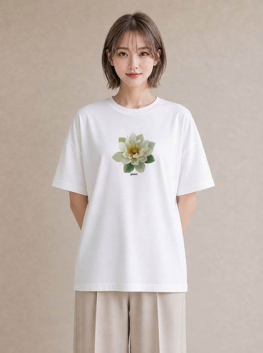 グラフィックTシャツ レディース 蓮 花 花柄 イラスト ゆるコーデ デート 帰省 白T