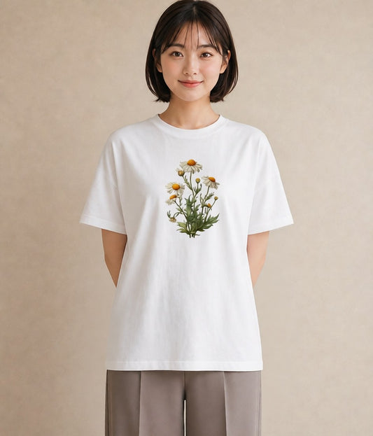 デザインTシャツ レディース デイジー 花 花柄 イラスト ヴィンテージ風 自分用 ルームウェア 白T