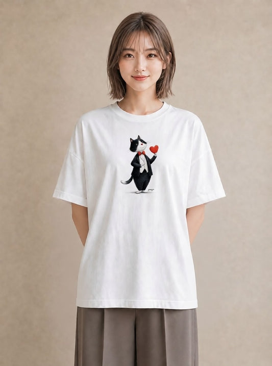 Tシャツ レディース ハチワレ 白黒猫 猫 ねこ イラスト 線画 帰省 ラフ 白T