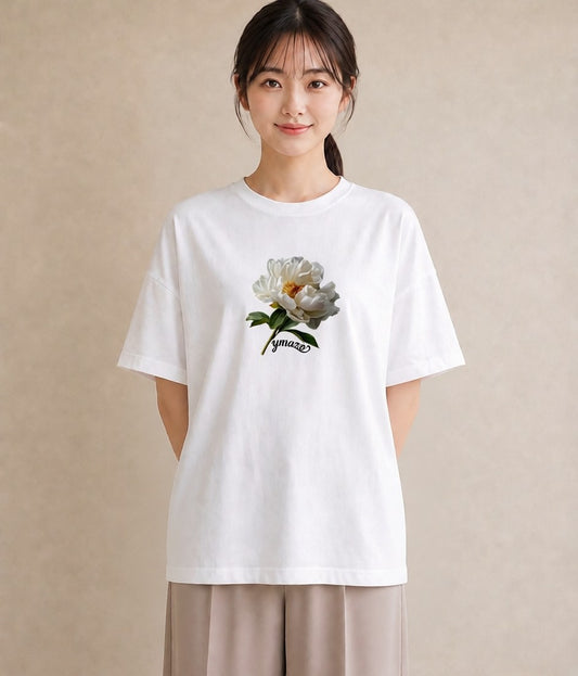 半袖Tシャツ レディース 牡丹 花 花柄 イラスト きれいめカジュアル 旅行用 海 白T