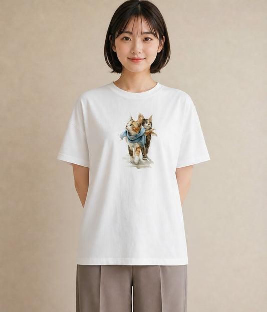 プリントTシャツ レディース ソマリ 猫 ねこ イラスト アート風 カフェ服 クリスマス 白T
