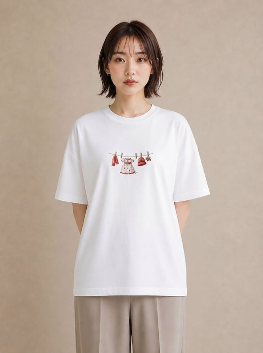 半袖Tシャツ レディース 洗濯物 風 ナチュラル アンティーク イラスト 抜け感 友達ギフト 部屋着 白T