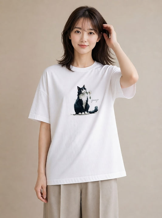 半袖Tシャツ レディース ハチワレ 白黒猫 猫 ねこ イラスト 手描き風 春服 ミセス 白T