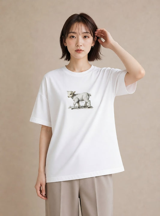 半袖Tシャツ レディース ひつじ 動物 アニマル イラスト 抜け感 綿100 デート 白T