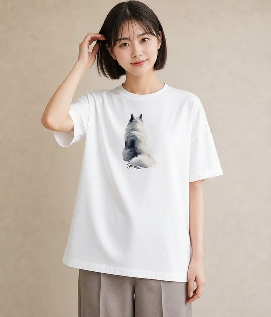 Tシャツ レディース メインクーン 猫 ねこ イラスト 線画 綿100 デート 白T