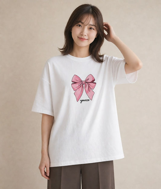 Tシャツ レディース リボン 蝶結び ナチュラル アンティーク イラスト ヴィンテージ風 女性 旅行用 白T