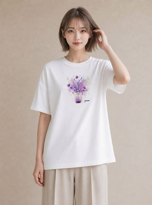グラフィックTシャツ レディース ラベンダー 花 花柄 イラスト ポップ ママ カフェ服 白T