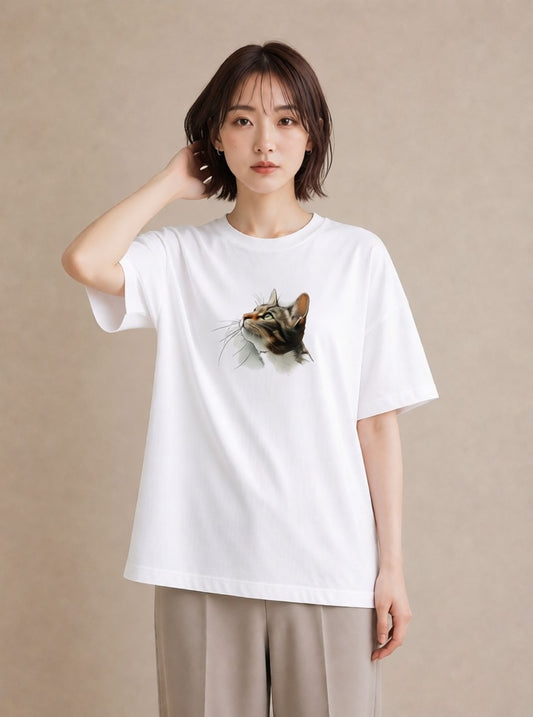 グラフィックTシャツ レディース 猫 ねこ イラスト 北欧風 旅行用 海 白T