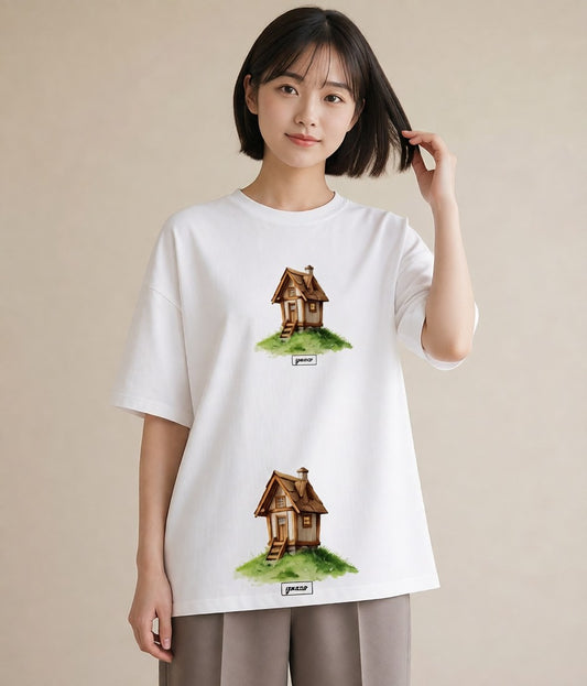 半袖Tシャツ レディース 灯りの家 小屋 夜 ナチュラル アンティーク イラスト ニュアンス 母の日 ビーチ 白T