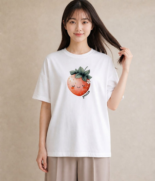 グラフィックTシャツ レディース いちご 苺 ストロベリー 食べ物 フード イラスト 淡色 レイヤード 友達ギフト 白T