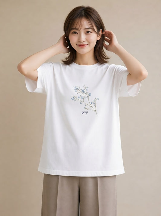 デザインTシャツ レディース カスミソウ かすみ草 花 花柄 イラスト 海 カフェ巡り 白T