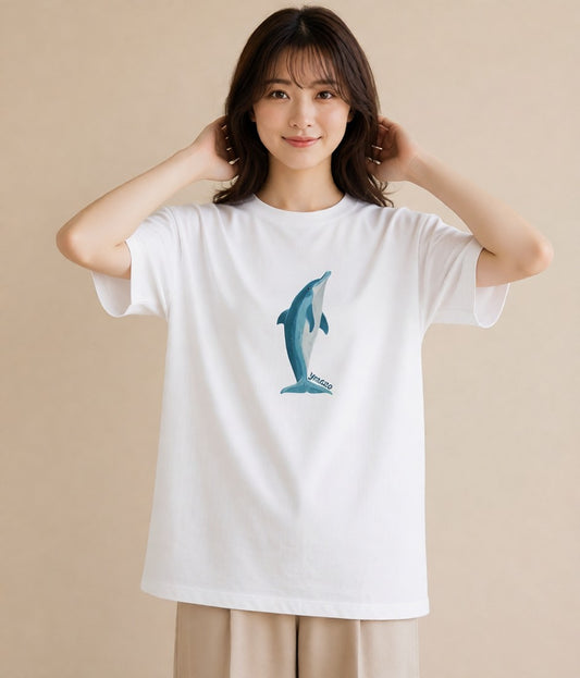 半袖Tシャツ レディース イルカ 海の生き物 海 イラスト こなれ感 秋コーデ おしゃれギフト 白T