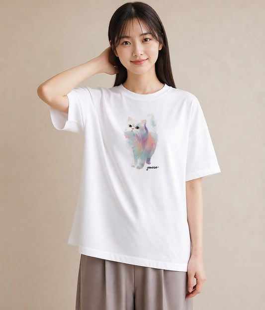 Tシャツ レディース メインクーン 猫 ねこ イラスト 水彩風 20代 カジュアルコーデ 白T