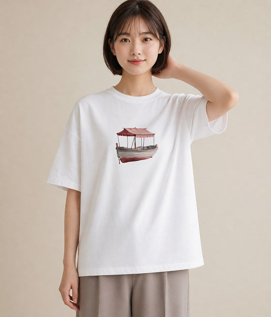 デザインTシャツ レディース 紙の船 水辺 ナチュラル アンティーク イラスト カフェコーデ 親子 20代 白T