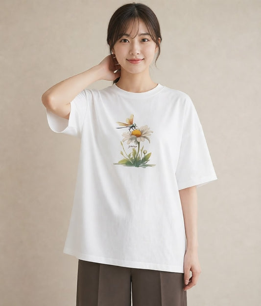 デザインTシャツ レディース とんぼ 昆虫 虫 イラスト きれいめ 公園 ママ 白T