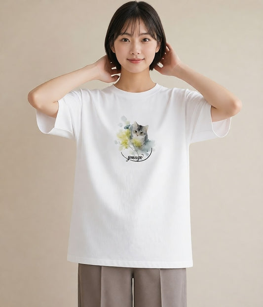 半袖Tシャツ レディース ペルシャ 猫 ねこ イラスト ミニマル カジュアルコーデ 買い物 白T
