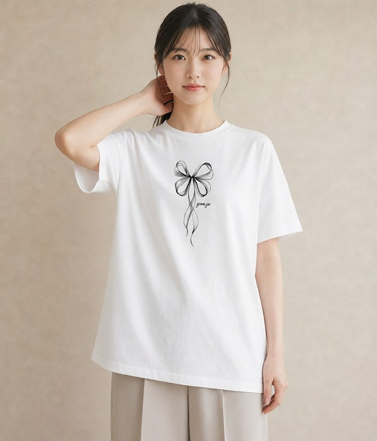 デザインTシャツ レディース リボン 蝶結び ナチュラル アンティーク イラスト ラフカジュアル 旅行用 海 白T