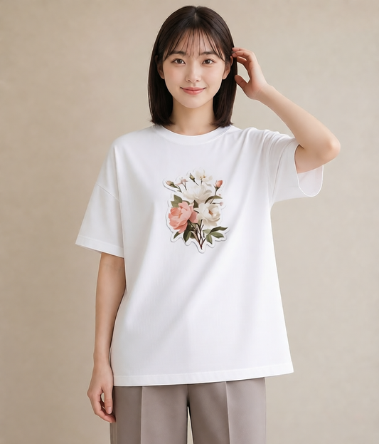 半袖Tシャツ レディース 牡丹 花 花柄 イラスト アート風 ミセス 春コーデ 白T