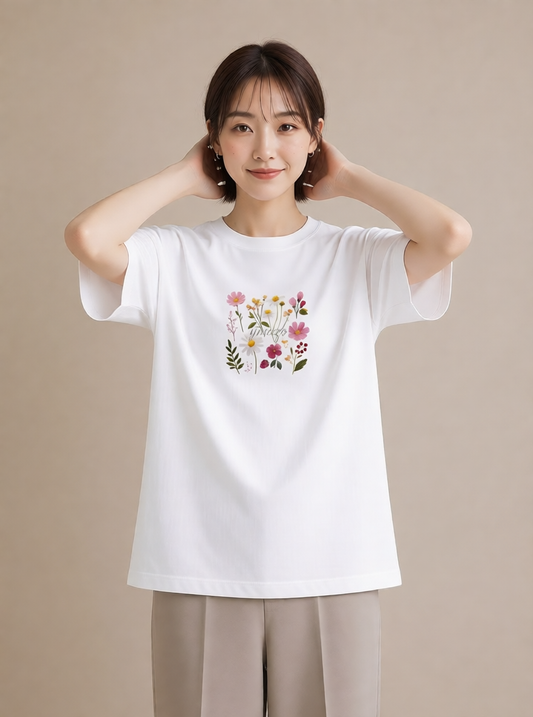 半袖Tシャツ レディース コスモス 秋桜 花 花柄 イラスト 線画 女性 旅行用 白T