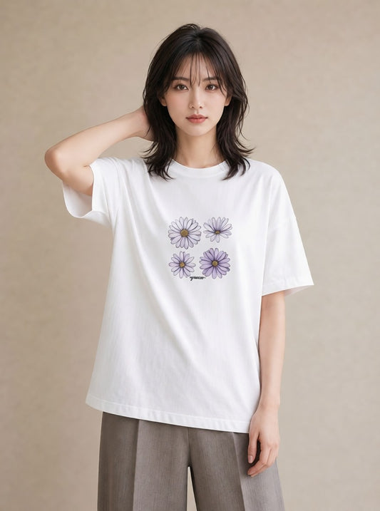 Tシャツ レディース スミレ 花 花柄 イラスト こなれ感 通勤 在宅 白T