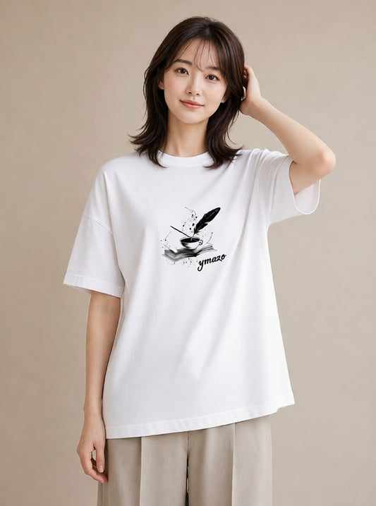 デザインTシャツ レディース 本 読書 ブック イラスト カフェコーデ 休日 ペアコーデ 白T