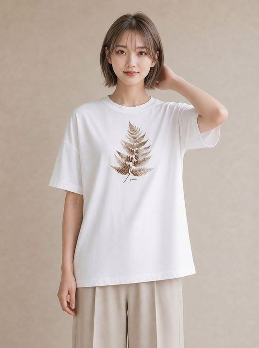 半袖Tシャツ レディース シダ 植物 ボタニカル イラスト 旅行コーデ 在宅 公園 白T