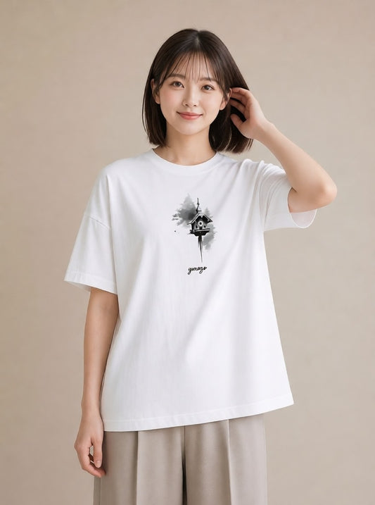 半袖Tシャツ レディース 遠い家と鳥 風景 鳥 ナチュラル アンティーク イラスト こなれ感 通勤 在宅 白T