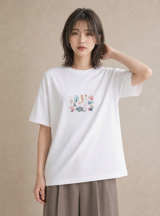 プリントTシャツ レディース サンゴ 海の生き物 海 イラスト きれいめカジュアル 在宅 公園 白T