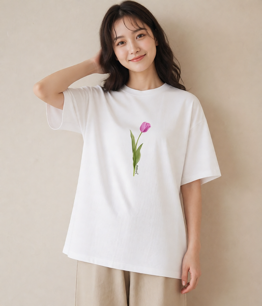 半袖Tシャツ レディース チューリップ 花 花柄 イラスト 線画 買い物 夏コーデ 白T