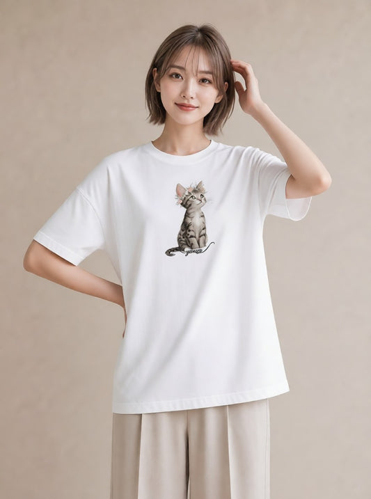 デザインTシャツ レディース キジトラ 猫 ねこ イラスト シック 買い物 夏コーデ 白T
