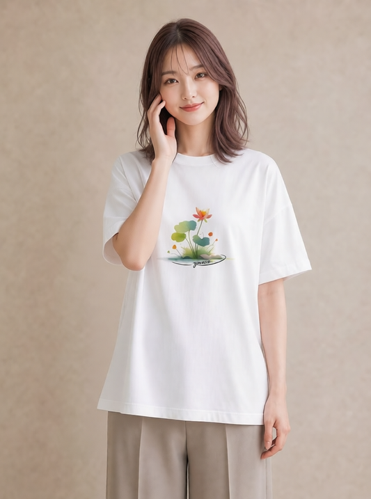 グラフィックTシャツ レディース 蓮 花 花柄 イラスト 個性的 旅行用 海 白T