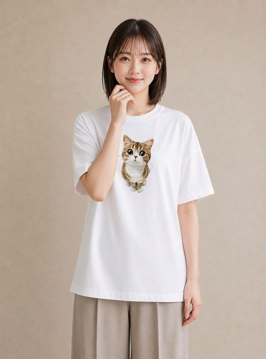 プリントTシャツ レディース 茶トラ 茶猫 猫 ねこ イラスト 旅行コーデ お出かけ 普段着 白T