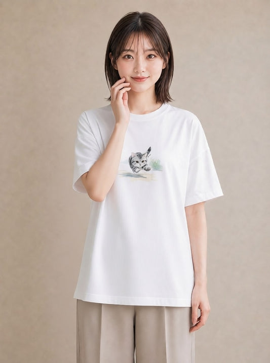 Tシャツ レディース 子猫 猫 ねこ イラスト 抜け感 散歩 お出かけ 白T