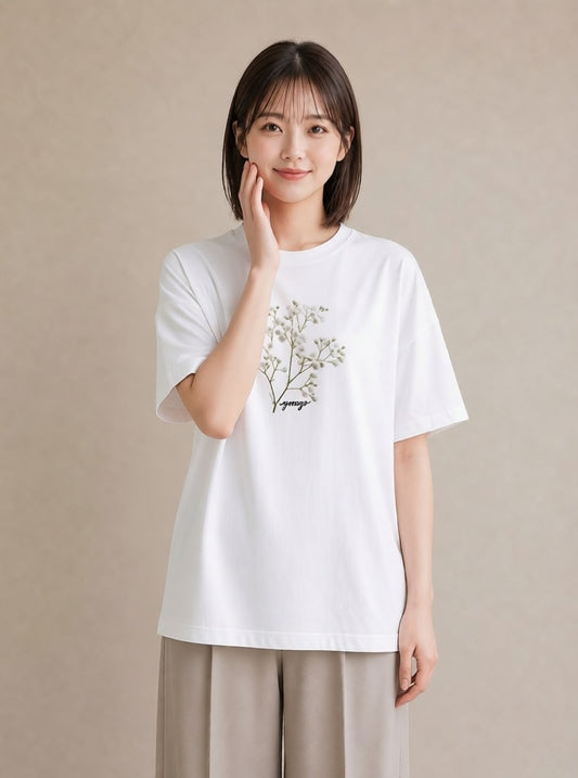 プリントTシャツ レディース カスミソウ かすみ草 花 花柄 イラスト 手描き風 デート 帰省 白T