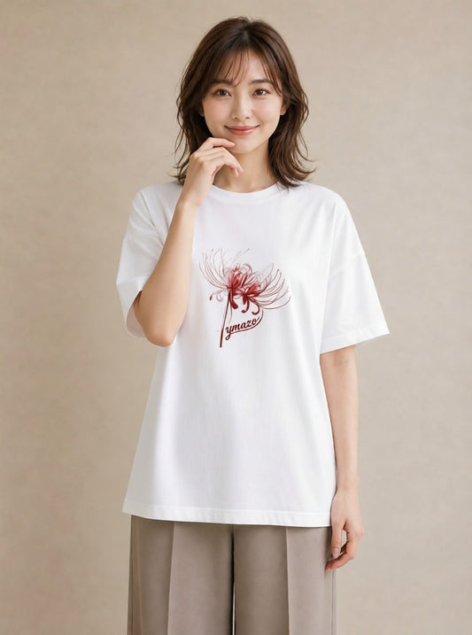 デザインTシャツ レディース 彼岸花 花 花柄 イラスト きれいめ 海 カフェ巡り 白T