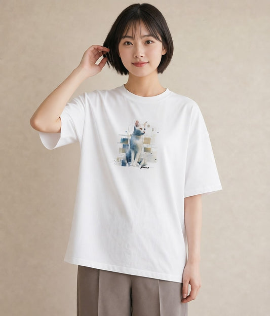 Tシャツ レディース ロシアンブルー 猫 ねこ イラスト ラフカジュアル 女性 旅行用 白T