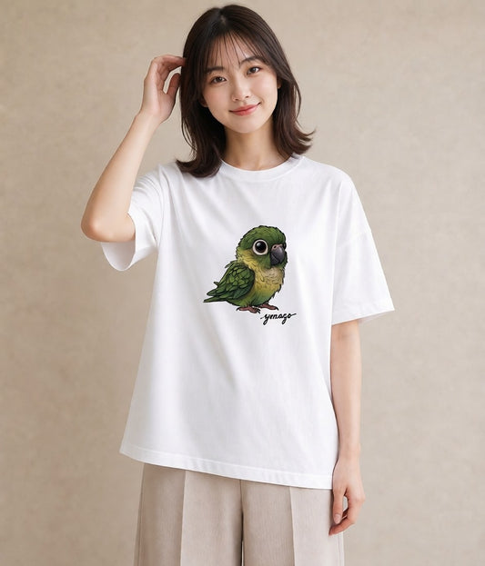 半袖Tシャツ レディース ボタンインコ ペット 動物 イラスト ニュアンス ママ カフェ服 白T