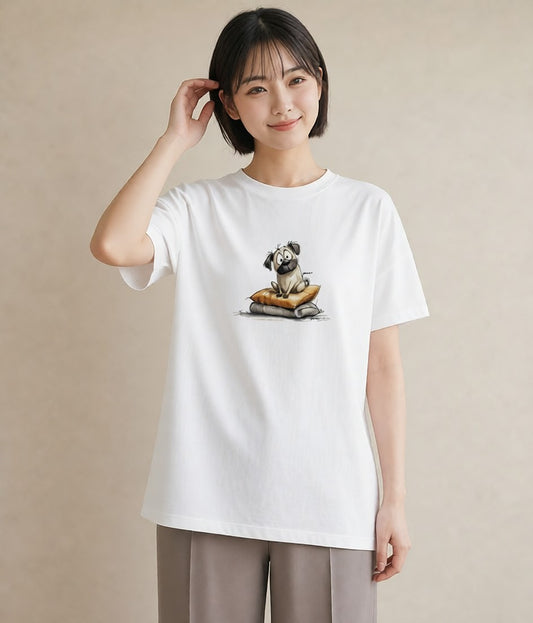 グラフィックTシャツ レディース パグ 犬 いぬ イラスト カフェコーデ カジュアルコーデ 買い物 白T