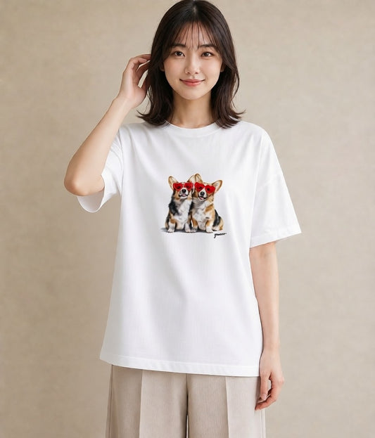 デザインTシャツ レディース ウェルシュコーギー コーギー 犬 いぬ イラスト ポップ 女子会 お揃い 白T