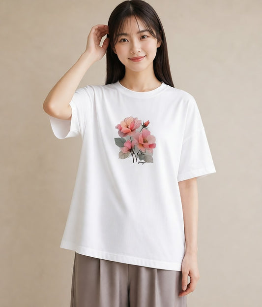 デザインTシャツ レディース 椿 花 花柄 イラスト ポップ 誕生日プレゼント 綿100 白T