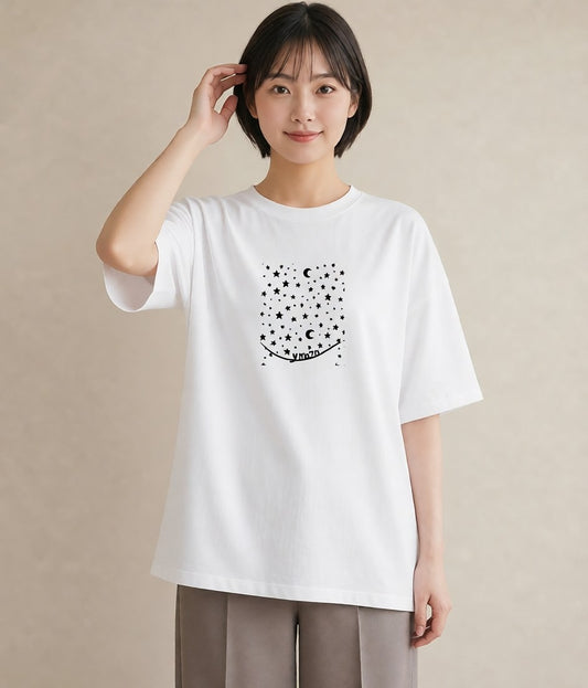 半袖Tシャツ レディース 月と星 星空 ムーン イラスト ミニマル 敬老の日 ホワイトデー 白T