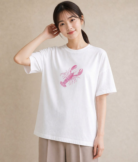 プリントTシャツ レディース エビ 海の生き物 海 イラスト 北欧風 旅行 母娘コーデ 白T