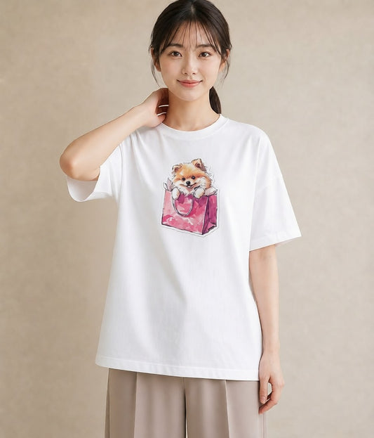半袖Tシャツ レディース ポメラニアン ポメ 犬 いぬ イラスト ミニマル お出かけ 普段着 白T