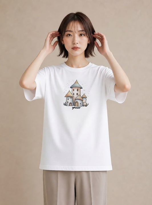 半袖Tシャツ レディース 灯りの家 小屋 夜 ナチュラル アンティーク イラスト 旅行コーデ 夏コーデ 通学 白T
