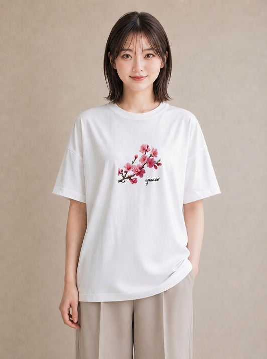 デザインTシャツ レディース 梅 花 花柄 イラスト 線画 ラフ レイヤード 白T