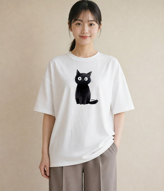 Tシャツ レディース 黒猫 猫 ねこ イラスト 旅行コーデ 海 カフェ巡り 白T