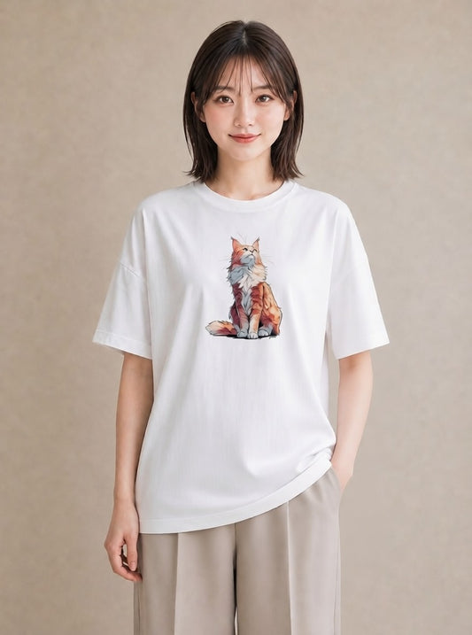 半袖Tシャツ レディース メインクーン 猫 ねこ イラスト ナチュラル 自分用 ルームウェア 白T