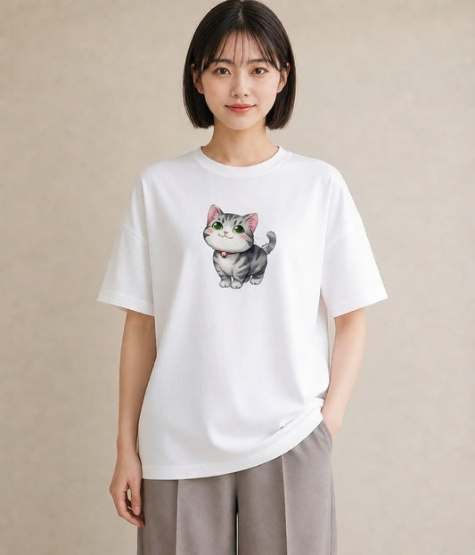 プリントTシャツ レディース マンチカン 猫 ねこ イラスト ラフカジュアル 社会人 女性 白T