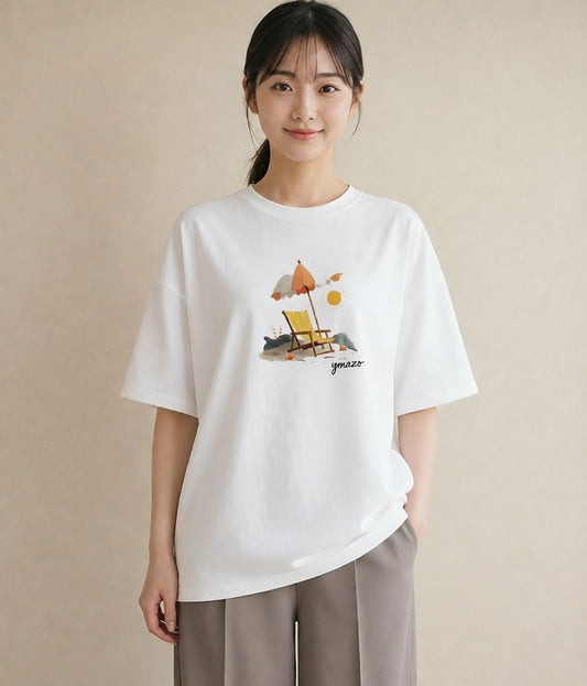 Tシャツ レディース 海 リゾート 夏 イラスト ラフカジュアル お出かけ 普段着 白T